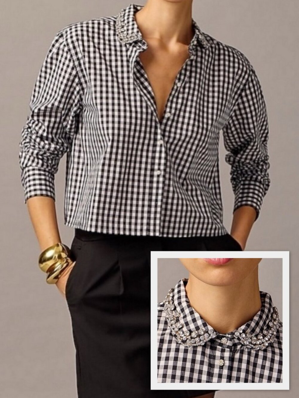 J. Crew Collection Embellished Cropped Button-Up Shirt in Cotton Poplin Gingham